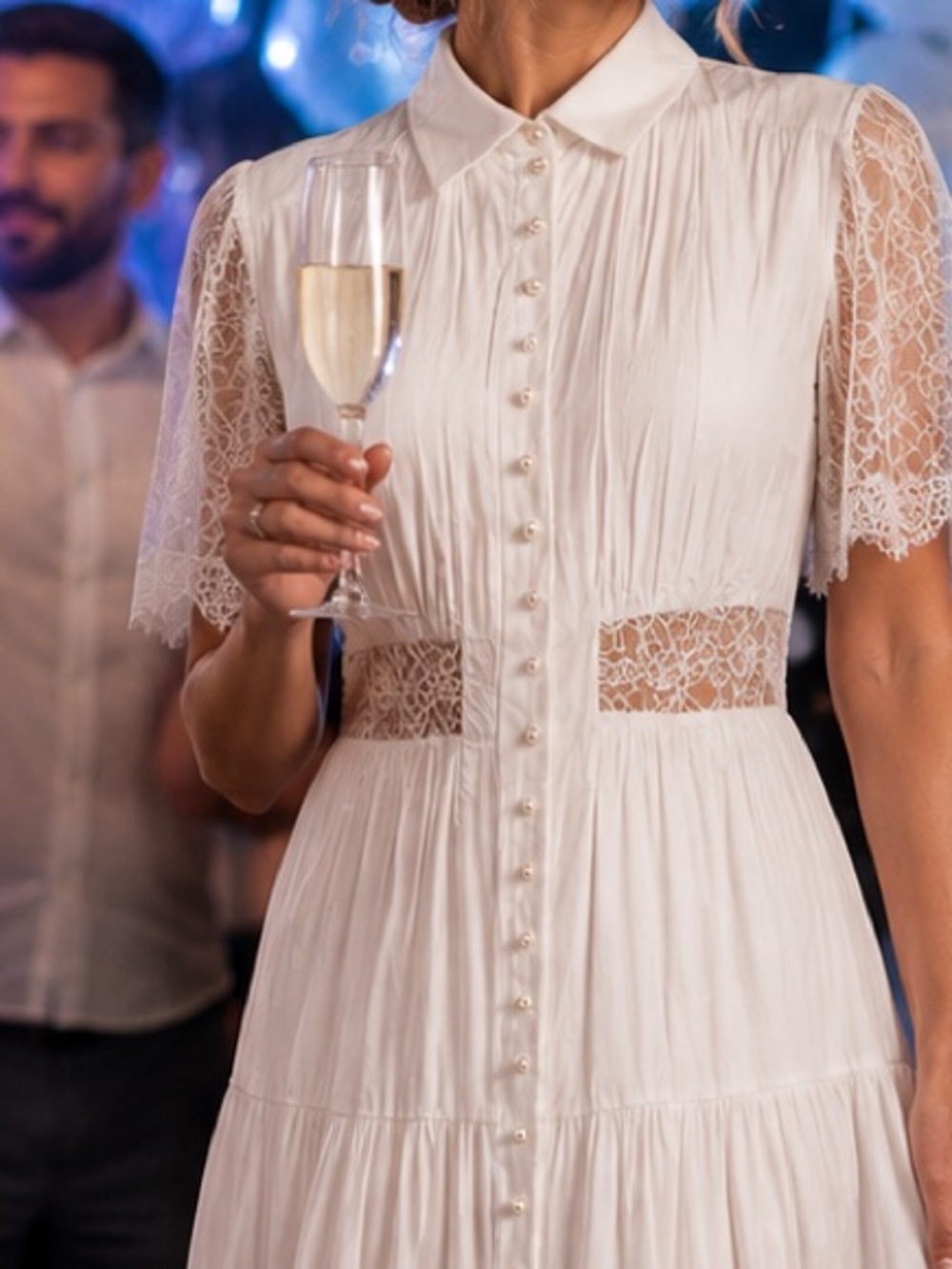 Beulah White Lace Button Front Cottagecore Romantic Midi Dress L